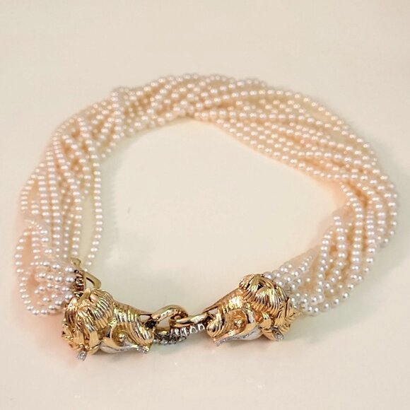 Vintage 14K Gold Lion-Head Clasp Multi-Strand Pearl Choker w/ Diamonds (Real) - Picture 3 of 5